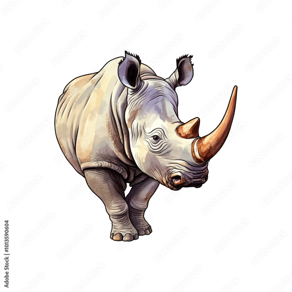 Fototapeta premium White rhinoceros watercolor illustration on white background, suitable for conservation, wildlife, and educational designs. Generative AI