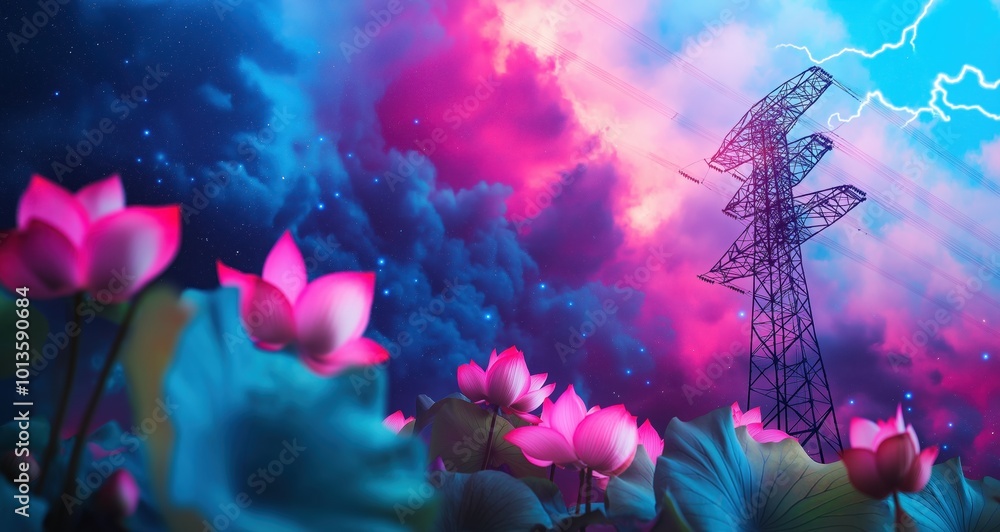 Breathtaking abstract landscape featuring a field of glowing ethereal pink lotus flowers against a backdrop of a moody electrified night sky with dramatic clouds lightning and a cosmic