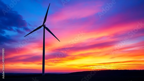 Wind turbine silhouetted against vibrant sunset