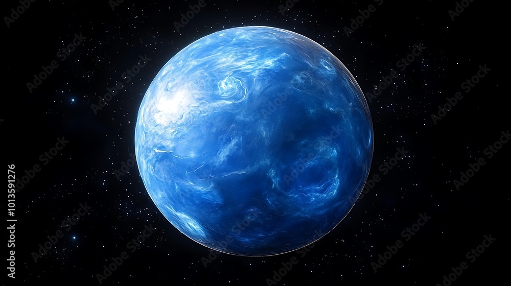 A blue water planet with swirling clouds in a dark space with stars. A blue water planet with swirling clouds in a dark space with stars.
