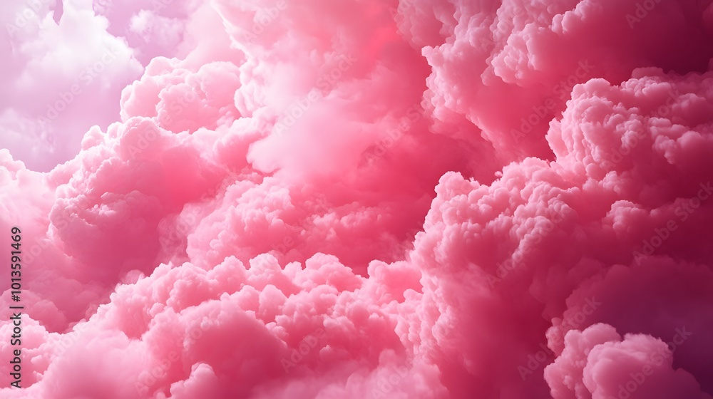 Vast Pink Sky with Fluffy Clouds, a stunning close-up of a dreamy pink cloudscape, evoking tranquility and wonder in a vibrant atmosphere