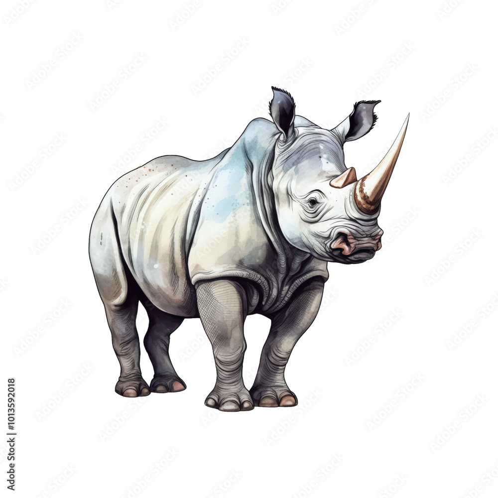 Fototapeta premium White rhinoceros watercolor illustration on white background, suitable for conservation, wildlife, and educational designs. Generative AI