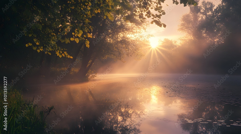 Serene sunrise over misty mountains, soft light illuminating the landscape, tranquil atmosphere, vibrant colors blending in the sky Serene sunrise over misty mountains, soft light illuminating the landscape, tranquil atmosphere, vibrant colors blending in the sky