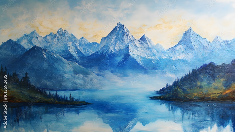 Vibrant acrylic landscape capturing majestic mountains under a clear blue sky, showcasing rich textures and bold colors. Vibrant acrylic landscape capturing majestic mountains under a clear blue sky, showcasing rich textures and bold colors.