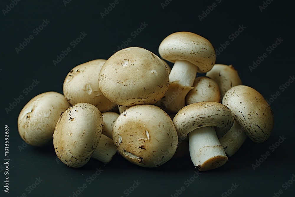 Fresh white mushrooms on a black background. Perfect for use in cooking, recipe blogs, or food photography. Fresh white mushrooms on a black background. Perfect for use in cooking, recipe blogs, or food photography.