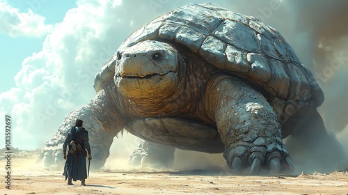 A lone figure stands before a giant, ancient tortoise in a desolate landscape. photo