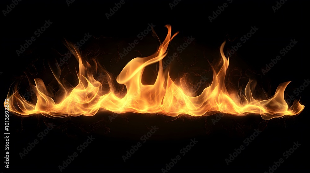 Dynamic fire flames, vivid orange and yellow hues, swirling and dancing against a stark black backdrop, creating an intense visual impact Dynamic fire flames, vivid orange and yellow hues, swirling and dancing against a stark black backdrop, creating an intense visual impact