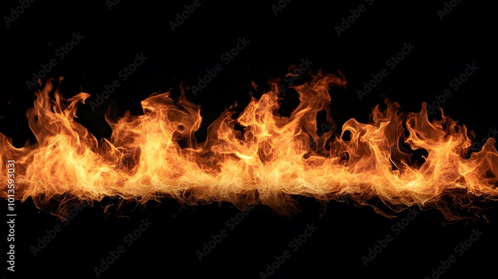 Fototapeta premium Dynamic fire flames, vivid orange and yellow hues, swirling patterns, isolated against deep black backdrop, intense and captivating visual energy