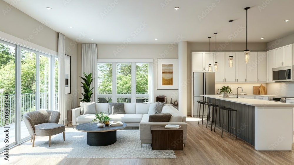 Fototapeta premium Modern Open Concept Living Room and Kitchen Interior Design