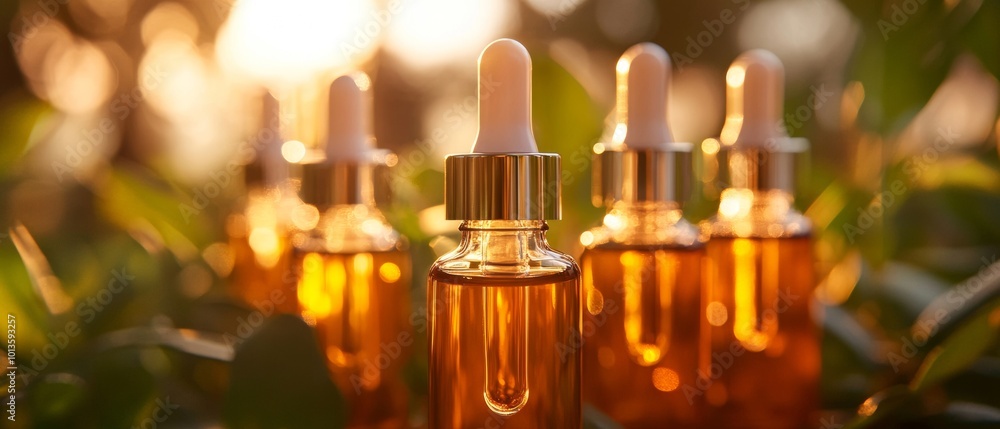 A row of small bottles of oil are lined up on a green background A row of small bottles of oil are lined up on a green background