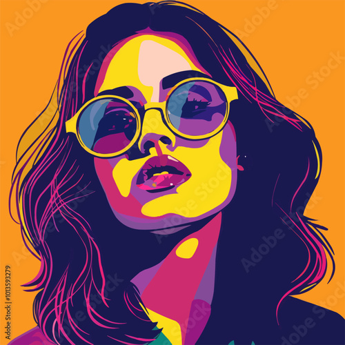 Pop art style portrait with bold colors and graphic elements, flat portrait, vector illustration. photo