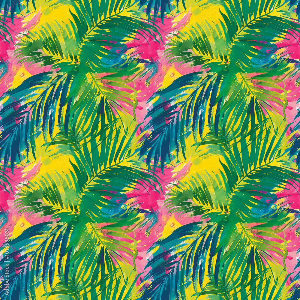 Vibrant tropical leaves in bold colors create an energetic atmosphere in this pattern Vibrant tropical leaves in bold colors create an energetic atmosphere in this pattern