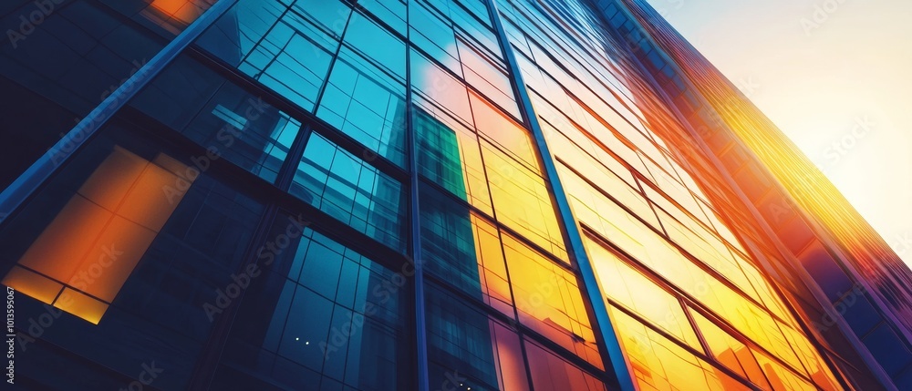 A tall building with a lot of windows and a bright orange sun in the background A tall building with a lot of windows and a bright orange sun in the background
