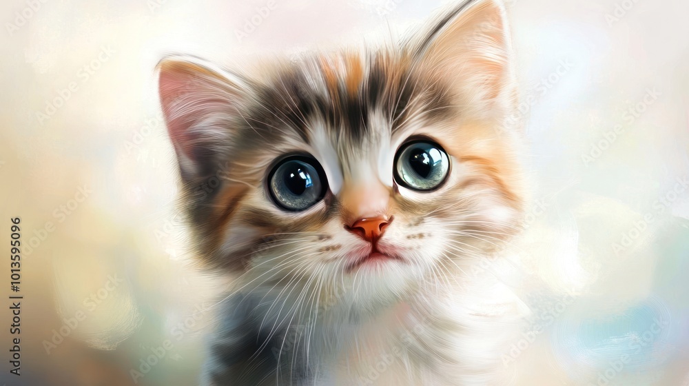 Digital artwork of an adorable kitten with large, expressive eyes, soft fur, and a curious gaze, exuding a sense of innocence and whimsy. Digital artwork of an adorable kitten with large, expressive eyes, soft fur, and a curious gaze, exuding a sense of innocence and whimsy.