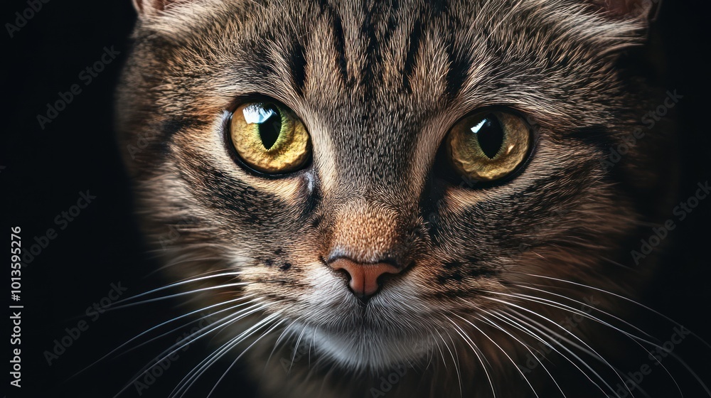 Close-up of a domestic cat with striking yellow eyes and tabby markings, set against a dark background, highlighting the detailed textures of its fur. Close-up of a domestic cat with striking yellow eyes and tabby markings, set against a dark background, highlighting the detailed textures of its fur.