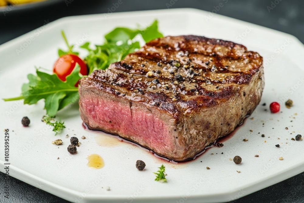 A gourmet steak plated with a minimalist touch on a hexagonal white surface A gourmet steak plated with a minimalist touch on a hexagonal white surface