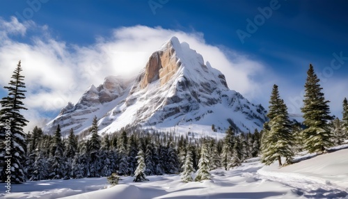 Snowy mountain peak with fir trees and a blue sky with clouds in the background