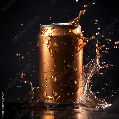 mock up product photograph of a golden brown color aluminum soda can / beer can isolated in splash of water with copy space for text	