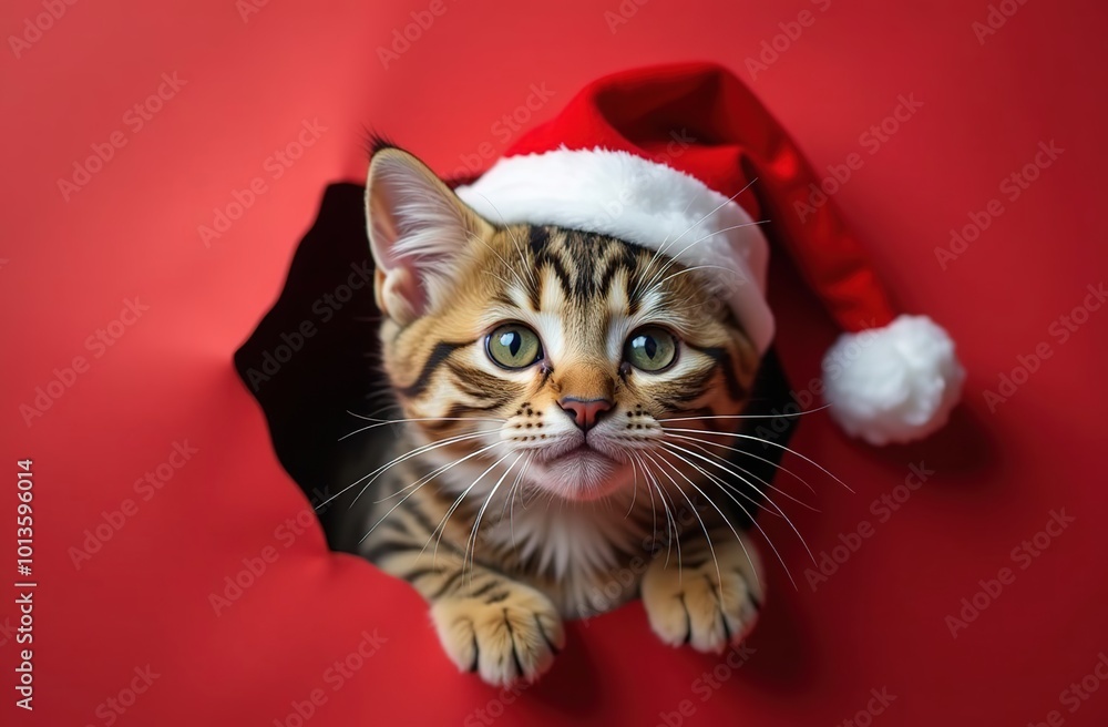 A torn studio red background and a kitten in a Santa Claus hat peeking out of it. A New Year's card with space for text. A torn studio red background and a kitten in a Santa Claus hat peeking out of it. A New Year's card with space for text.