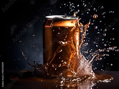 mock up product photograph of a golden brown color aluminum soda can / beer can isolated in splash of water with copy space for text	