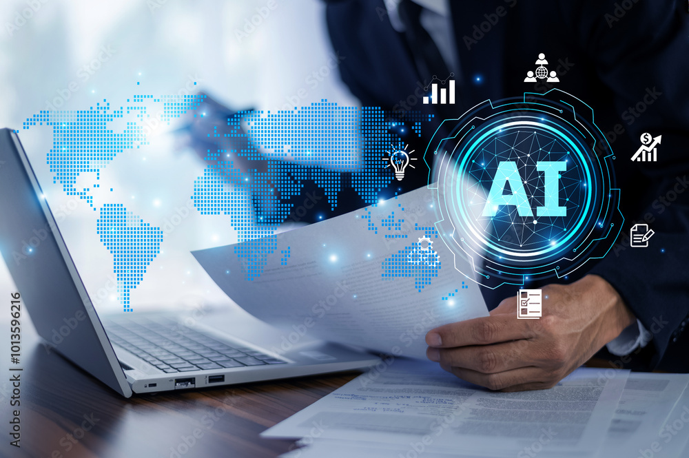 Investor use AI technology and machine learning software to analyze business investments in global markets, identifying trends and opportunities for higher returns. AI trading, AI technology