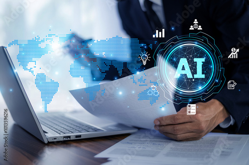 Obraz na płótnie Investor use AI technology and machine learning software to analyze business investments in global markets, identifying trends and opportunities for higher returns. AI trading, AI technology w salonie