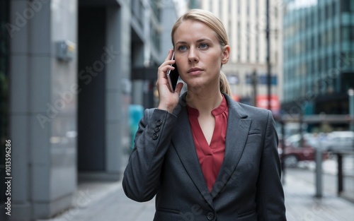 Businesswoman talking on the phone in a city environment, dressed in a professional suit