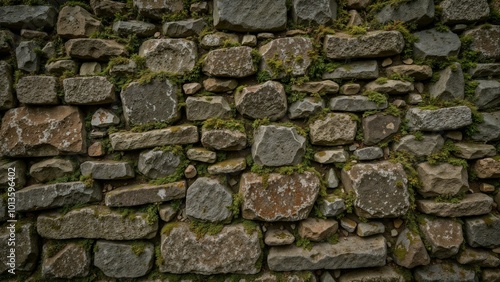 Rough texture of a moss-covered stone wall showcasing natural irregularities