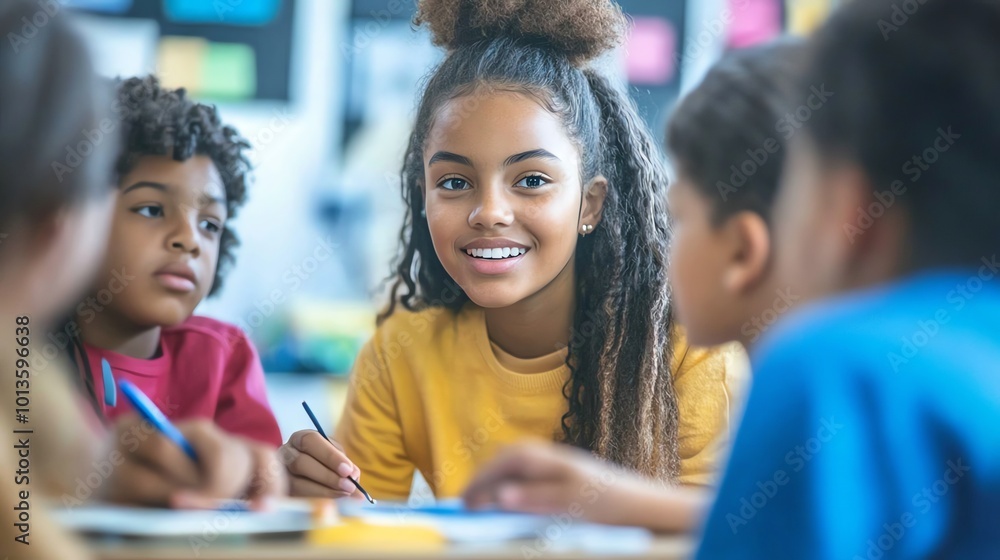 A group of children in a classroom setting engaged in an activity. A group of children in a classroom setting engaged in an activity.