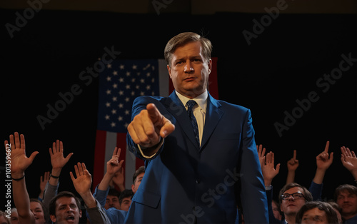 A man in a business suit points his finger at the viewer against the backdrop of the American flag. US presidential elections. photo