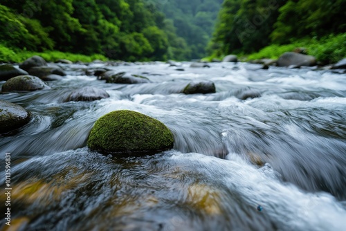 Serene mountain stream flowing rapidly through a lush verdant evergreen forest landscape with mossy rocks and dense foliage  The dynamic rushing water creates a peaceful