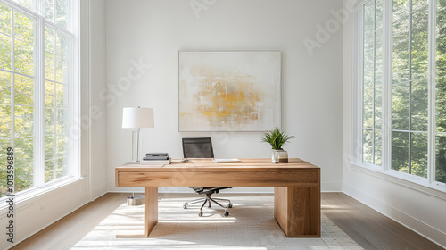 A modern office space featuring sleek wooden desk, ergonomic chair, and large windows that allow natural light to flood room. minimalist design creates calm and productive atmosphere photo