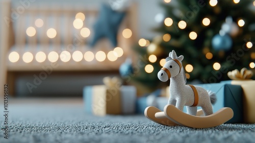 Soft cuddly plush rocking horse toy amid a cozy warm Christmas scene with a decorated tree wrapped gifts and twinkling bokeh lights in the background creating a magical festive atmosphere photo