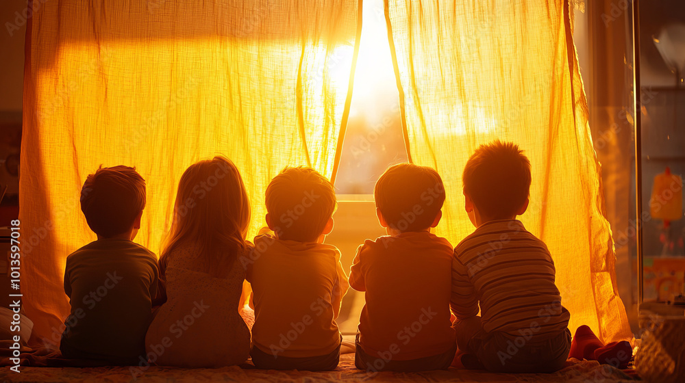 children sit together, gazing at beautiful sunset through golden curtain, creating warm and nostalgic atmosphere. Their silhouettes evoke sense of wonder and innocence children sit together, gazing at beautiful sunset through golden curtain, creating warm and nostalgic atmosphere. Their silhouettes evoke sense of wonder and innocence