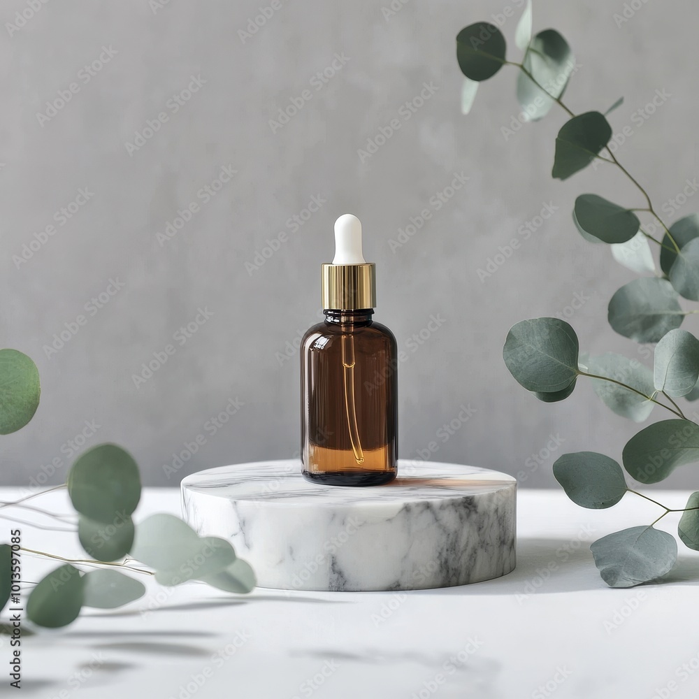 Brown glass dropper bottle on white marble podium with eucalyptus leaves Brown glass dropper bottle on white marble podium with eucalyptus leaves