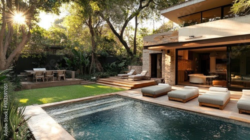 Wallpaper Mural Luxury backyard with pool and patio. Perfect for showcasing a relaxing outdoor living space. Torontodigital.ca