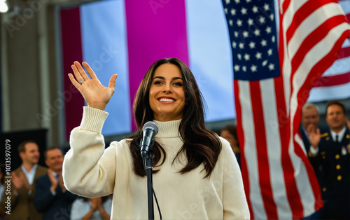 Portrait of a young woman in a white sweater speaking to an audience at a political event during the presidential elections in the United States of America. photo