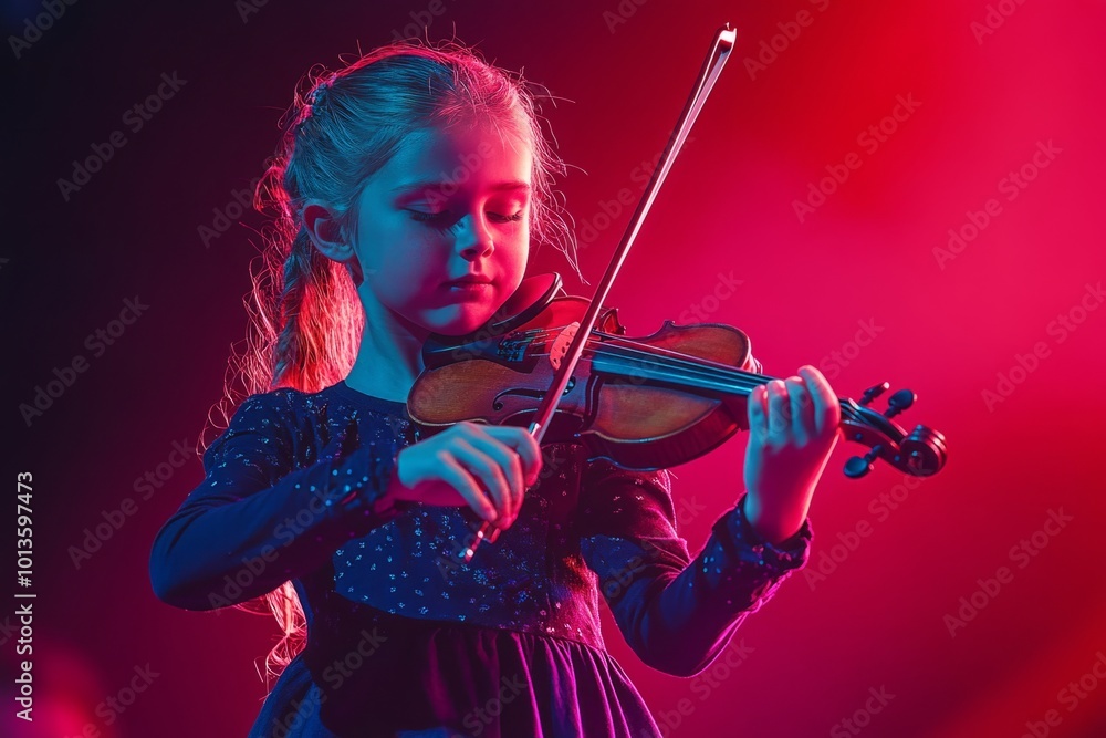 Fototapeta premium A young girl showcases her talent by playing the violin on stage. Vibrant lights create a magical atmosphere. Music comes alive in her hands. Generative AI
