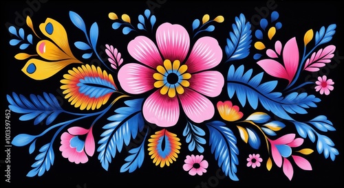 Vibrant Floral Pattern with Colorful Blooming Flowers and Lush Foliage  Beautiful vintage inspired digital with pink blue and yellow blossoms leaves and organic shapes in a design