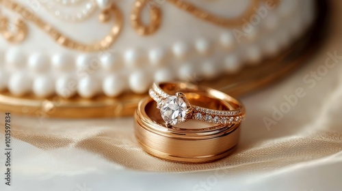 Close-up of wedding rings placed on a white tiered wedding cake adorned with gold ribbon and floral decorations in soft focus.
