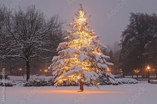 Christmas Tree Snow Covered Lights photo