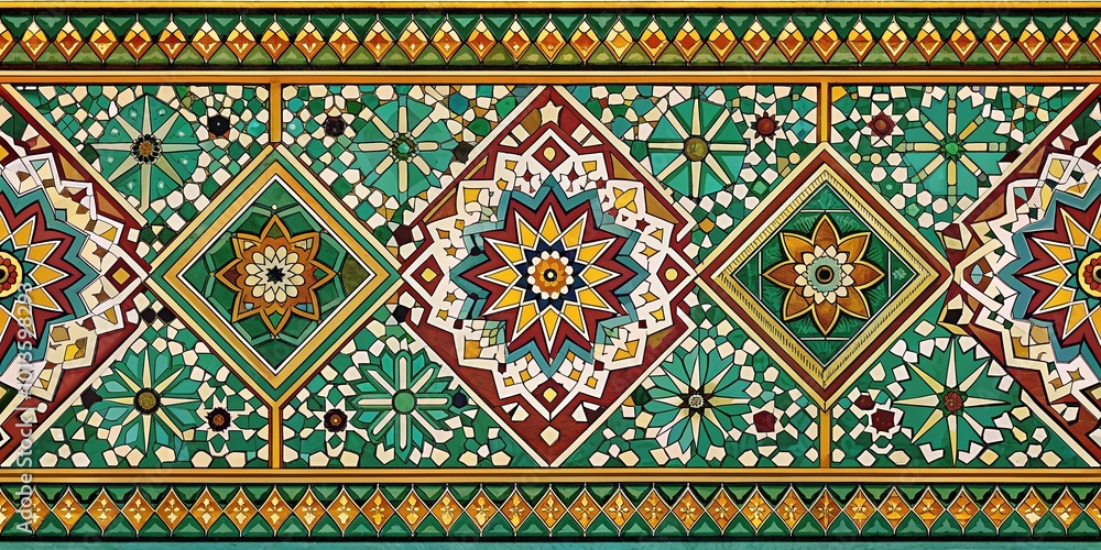 Intricately designed Islamic Moorish patterned ceramic border tiles feature repetitive Zig Zag Pyramids and geometric shapes in dark Green, Mustard Yellow, Maroon, Blue, White, and Turquoise hues. Intricately designed Islamic Moorish patterned ceramic border tiles feature repetitive Zig Zag Pyramids and geometric shapes in dark Green, Mustard Yellow, Maroon, Blue, White, and Turquoise hues.