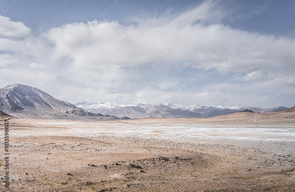 Panoramic landscape of textured Tien Shan mountains in Pamir in Tajikistan, panoramic landscape of a mountain range with snow and glaciers in summer Panoramic landscape of textured Tien Shan mountains in Pamir in Tajikistan, panoramic landscape of a mountain range with snow and glaciers in summer