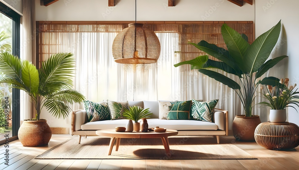 Fototapeta premium Modern Tropical Living Room Interior Design with Rattan Furniture, Plants and Wooden Floors