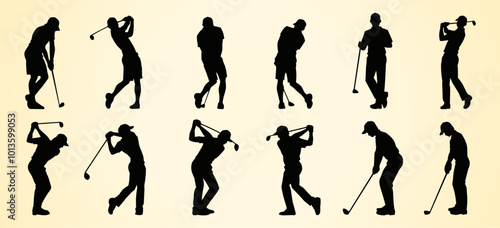 A collection of golfer silhouettes captured in various swinging poses. Each figure displays a different moment in the golf swing, from preparation to follow-through, against a neutral background.