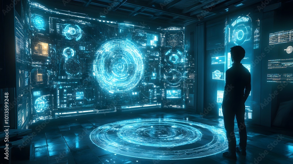 A lone figure in a futuristic room with glowing blue digital displays A lone figure in a futuristic room with glowing blue digital displays