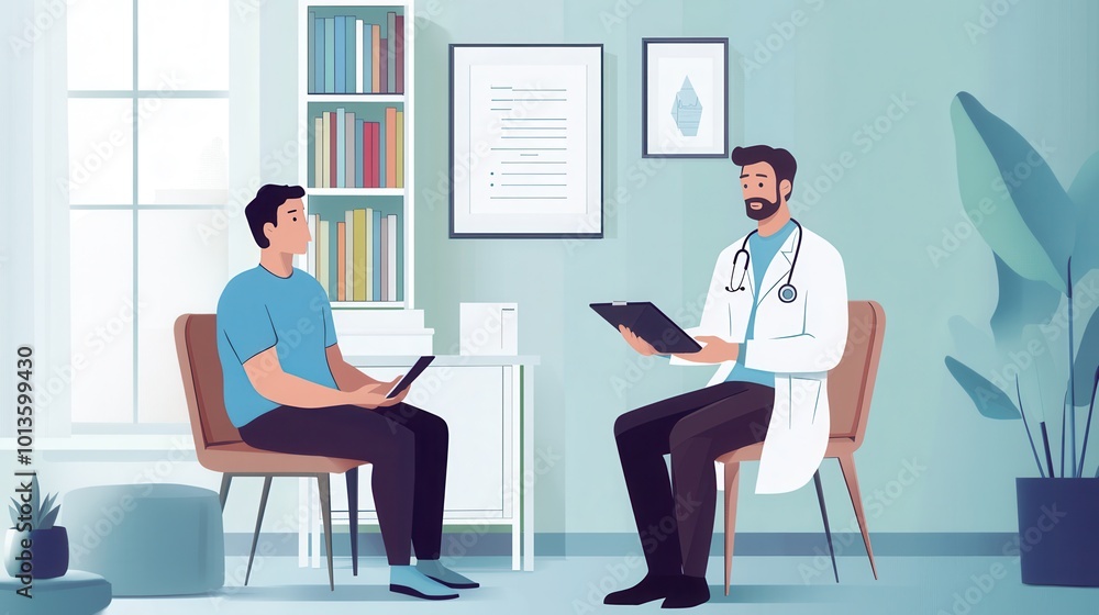 A doctor reviews diagnostic results with a patient in a bright, inviting consultation room, facilitating an open discussion about health. Generative AI A doctor reviews diagnostic results with a patient in a bright, inviting consultation room, facilitating an open discussion about health. Generative AI