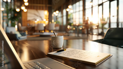 Wallpaper Mural A serene office setting featuring laptop, cup of coffee, and notepad on wooden table. warm sunlight filters through large windows, creating cozy atmosphere perfect for productivity and inspiration Torontodigital.ca