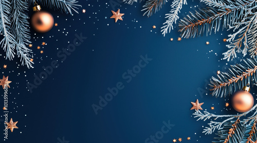 Festive winter scene featuring frosted evergreen branches, shimmering ornaments, and sparkling stars on a deep blue background