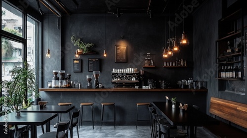 A coffee shop with black-painted walls, black wooden tables, and industrial pendant lights, creating a minimalist yet cozy space for coffee lovers to gather